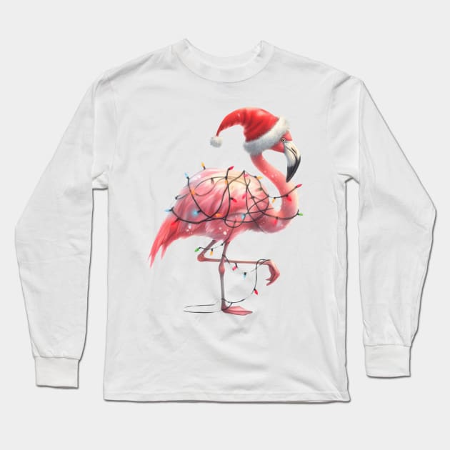 Flamingo Wrapped In Christmas Lights Long Sleeve T-Shirt by Chromatic Fusion Studio